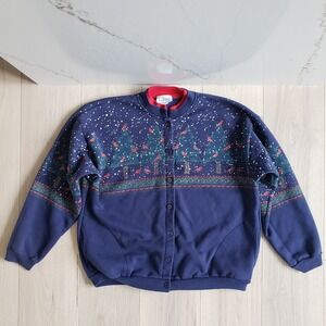 Artisans Cardigan Sweatshirt Womens XL Blue Cardinal Christmas Tree Made in USA